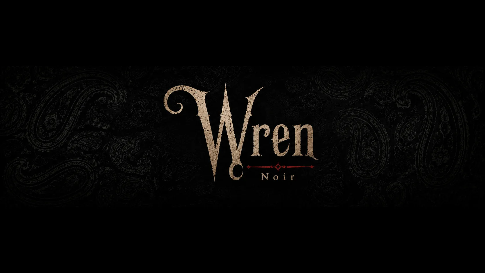 Wren Noir — gold serif wordmark on dark paisley