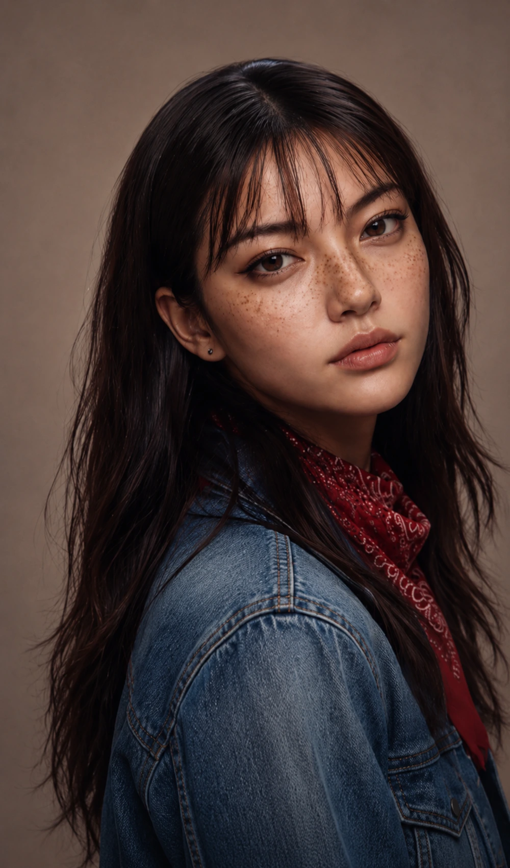 Wren — portrait with red bandana and denim jacket